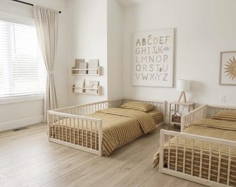 Solid Wood Montessori Floor Bed for Toddlers – Safe 19 Inch Railings and Natural Finish