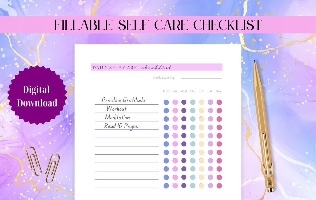 Self Care Check List Selfcare Planner, Colorful Journal Tracker