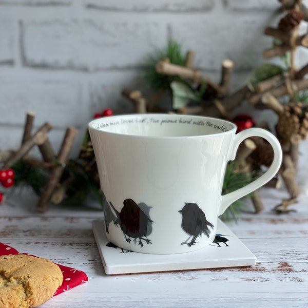 BREAKFAST CUP - robin design with wordsworth poetry around the rim - bone china
