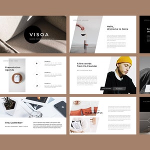 Puede incluir: Un conjunto de diapositivas de presentación con un esquema de color blanco y negro. Las diapositivas presentan texto, imágenes y gráficos. El texto incluye las palabras "VISOA", "Agenda de la presentación", "Hola, Bienvenido a Noire", "Algo sobre el estudio", "Unas palabras del cofundador", "La historia de nosotros", "VALORES" y "Unas palabras del director de diseño". Las imágenes incluyen una cámara, una persona con un sombrero y una persona con una chaqueta. Los gráficos incluyen un rombo y un jarrón.
