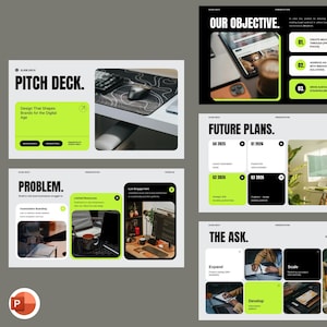 Puede incluir: Un conjunto de diapositivas de presentación con un diseño moderno, con acentos en negro, blanco y verde neón. Las diapositivas incluyen el texto "PITCH DECK", "PROBLEM", "OUR OBJECTIVE", "FUTURE PLANS" y "THE ASK". La presentación incluye imágenes.