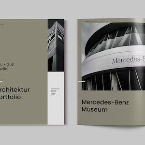 May include: A brochure for Neu Haus Studio, an architecture firm. The cover features a black and white photo of a modern building. The inside spread shows a photo of the Mercedes-Benz Museum in Stuttgart, Germany, with the text "Mercedes-Benz Museum" and "Stuttgart, Germany 2001-2006".