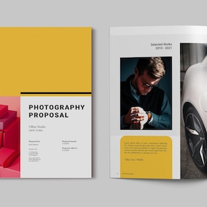 May include: A photography proposal brochure with a yellow cover and a stack of colorful boxes on the left side. The text "PHOTOGRAPHY PROPOSAL" is in black on a white background. The brochure is open to a page with a photo of a man wearing glasses and a photo of a white car.