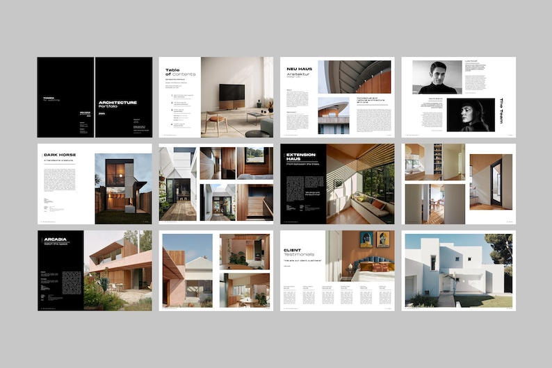 May include: A magazine spread showcasing a portfolio of architectural designs. The magazine features photos of modern homes, interiors, and exteriors. The title of the magazine is "Architecture Portfolio".