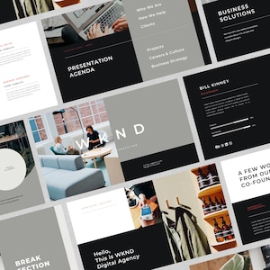 Könnte beinhalten: Ein Präsentationsdeck mit einem Schwarz-Weiß-Farbschema. Die Folien zeigen Text über eine Digitalagentur namens WKND sowie Bilder von Personen und einem Geschäftsbüro.