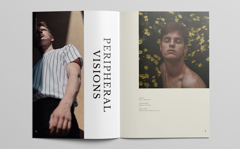 Puede incluir: Una doble p&aacute;gina de revista con el t&iacute;tulo "Visiones perif&eacute;ricas" que presenta dos fotos de un joven. La primera foto muestra al hombre con una camisa a rayas y pantalones negros, mirando hacia arriba. La segunda foto muestra al hombre con los ojos cerrados, rodeado de flores amarillas.