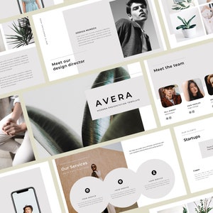 Puede incluir: Una plantilla de presentación con un diseño moderno. La plantilla presenta un fondo blanco con texto negro e imágenes de plantas, personas y productos. El texto incluye las palabras "Meet our design director", "Meet the team", "Our Services", "Startups" y "AVERA".