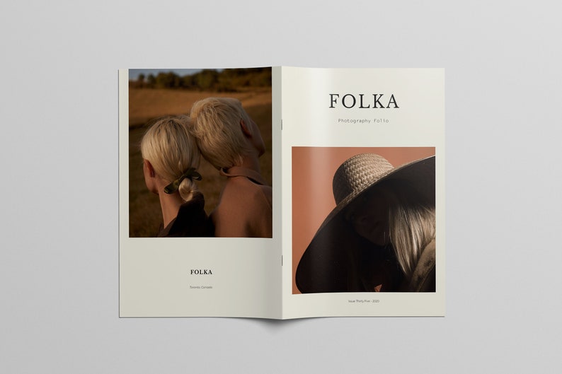 Puede incluir: Una portada de revista con el t&iacute;tulo "FOLKA" y el texto "Photography Folka". La portada presenta dos fotos. La foto de la izquierda muestra a dos personas con cabello rubio, de espaldas a la c&aacute;mara. La foto de la derecha muestra a una persona con un sombrero grande de ala ancha.