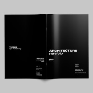 May include: Black and white cover of an architecture portfolio titled "ARCHITECTURE Portfolio 2021". The cover also includes the text "NEU HAUS / Portfolio 2021" and "THANKS for watching".