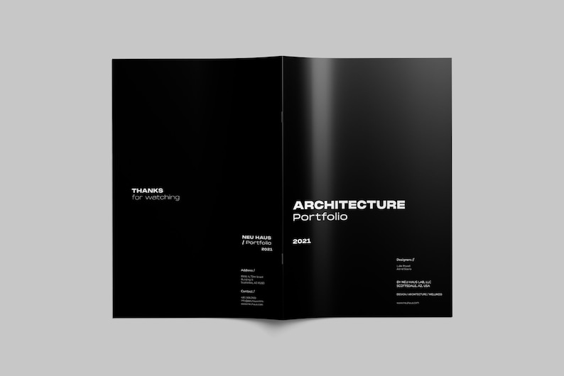 May include: Black and white cover of an architecture portfolio titled "ARCHITECTURE Portfolio 2021". The cover also includes the text "NEU HAUS / Portfolio 2021" and "THANKS for watching".