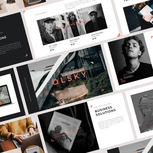 May include: A presentation slide deck with a black and white colour scheme. The slides feature images of people, a laptop, and a building. The text on the slides includes "IPHONE", "OLSKY", "BUSINESS SOLUTIONS", and "A FEW WORDS FROM OUR CO-FOUNDER".
