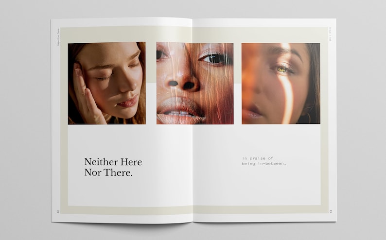 Puede incluir: Tres primeros planos de rostros de mujeres con iluminaci&oacute;n suave y maquillaje natural. El texto "Neither Here Nor There." est&aacute; debajo de la primera foto. El texto "in praise of being in-between." est&aacute; debajo de la tercera foto.