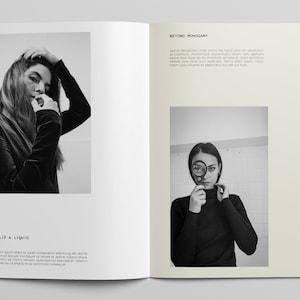 Puede incluir: Una fotograf&iacute;a en blanco y negro de una mujer mirando a la c&aacute;mara. Lleva un jersey negro de cuello alto y tiene el pelo recogido hacia atr&aacute;s. La foto est&aacute; en una revista con el texto "Beyond Monocacy" y "Solid & Liquid" en la p&aacute;gina.