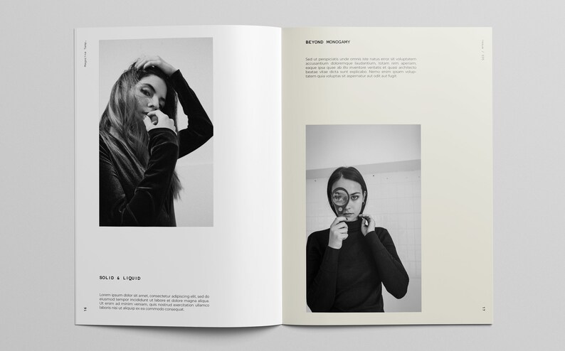 Puede incluir: Una fotograf&iacute;a en blanco y negro de una mujer mirando a la c&aacute;mara. Lleva un jersey negro de cuello alto y tiene el pelo recogido hacia atr&aacute;s. La foto est&aacute; en una revista con el texto "Beyond Monocacy" y "Solid & Liquid" en la p&aacute;gina.