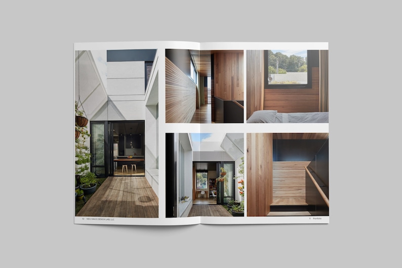 May include: A magazine spread showcasing a modern home with wooden walls and a patio with a wooden deck. The home features a large window with a view of the outdoors.