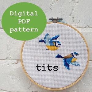 Op de afbeelding: Een witte borduurring met een kruissteekontwerp van twee blauwe vogels en het woord "tits" in zwarte draad.