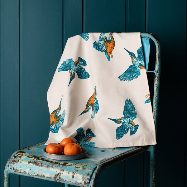 Kingfisher Cotton Tea Towel / Bird Print Kitchen Linen / Flying Birds Patterned Dish Cloth / Unbleached Cotton Kitchenware