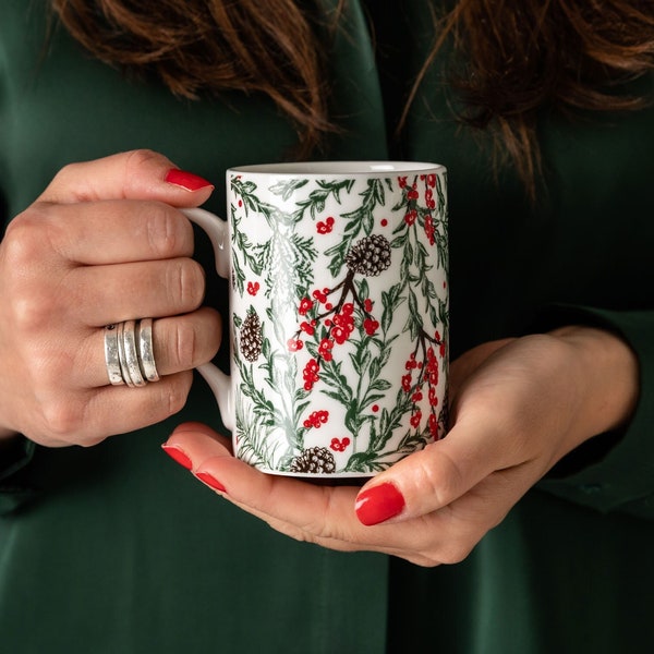 Christmas Garden Bone China Mug / Holiday Coffee Cup / Festive Winter Florals Mug / Hand-decorated in UK