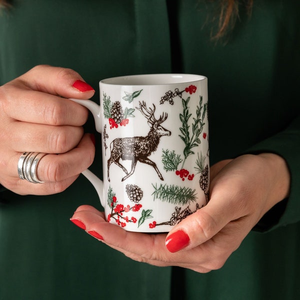 Christmas Reindeer Bone China Mug / Holiday Coffee Cup / Festive Wildlife Mug / Hand-decorated in UK