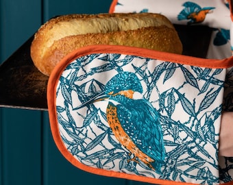 Double Oven Gloves in Kingfisher Design / Nature Inspired Cookware / Kitchen Linens / Bird Lover Gift / Bird Pattern / Turquoise and Orange