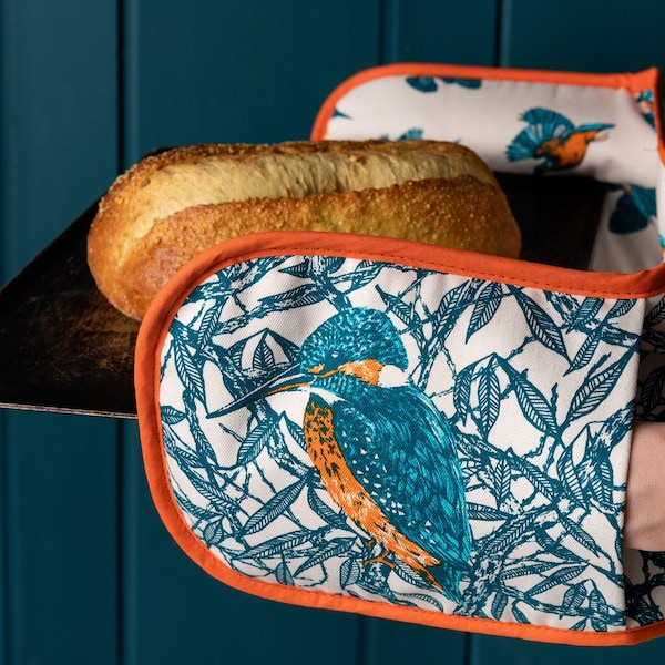 Double Oven Gloves in Kingfisher Design / Nature Inspired Cookware / Kitchen Linens / Bird Lover Gift / Bird Pattern / Turquoise and Orange