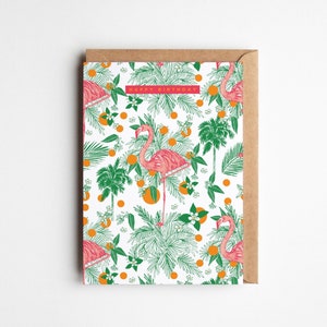 Flamingo Geburtstagskarte | Palmen Blätter Karte | orange Blumen | Pink und Grün