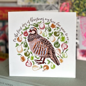 Carte de Noël perdrix dans un poirier / Carte de vœux vibrante estampée pour voeux de fête / Carte de voeux écologique fabriquée à la main / Art populaire