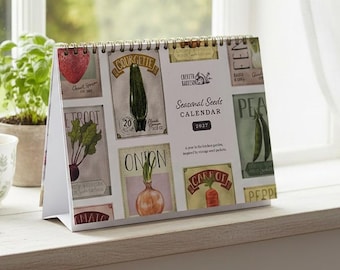 Calendario da scrivania per orto 2027, con grafica vintage a tema bustine di semi, calendario autoportante da appoggio, regalo di Natale per giardinieri.