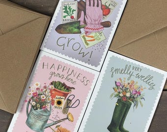 Tarjetas de felicitación con motivos de jardín primaveral: postales ilustradas a mano, regalo para jardineros, papelería de estilo rústico.