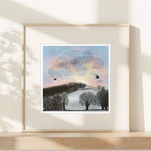 Starling Murmuration Art Print | Flock of Birds At Sunrise Artwork | Sunburst Snowy Hills Winter Scene | Mounted and Ready to Frame Picture
