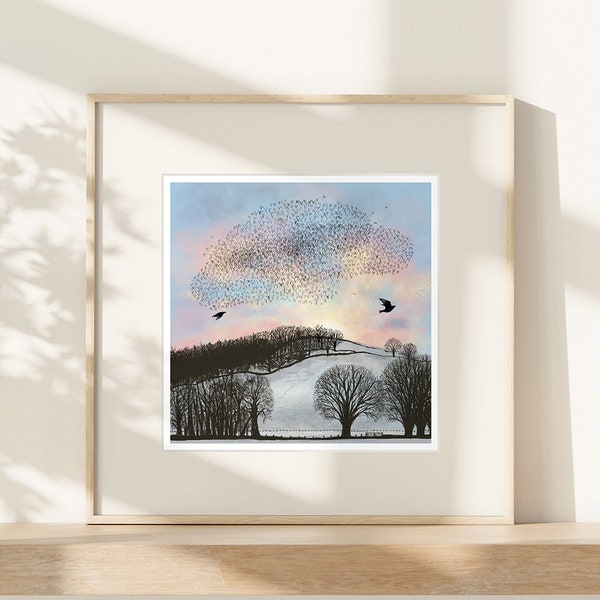 Starling Murmuration at Sunrise Art Print | Flock of Birds Artwork | Sunburst Snowy Hills Winter Scene | Mounted and Ready to Frame Picture