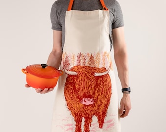 Highland Cattle Cotton Apron / Animal Pinny / Scottish Cow / Autumn Fir Trees / Kitchen Textiles / Illustrative Cookware