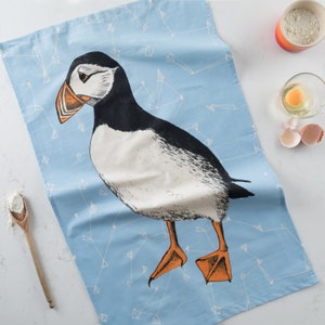 Puffin Tea Towel / Seabird Dish Drying Cloth / Atlantic Puffin Gift / Coastal Kitchen Linen / Unbleached Cotton / Nautical Fabric