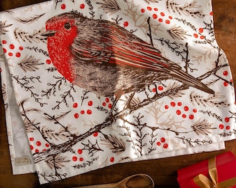 Christmas Robin Tea Towel, Large Unbleached Cotton Robin Dish