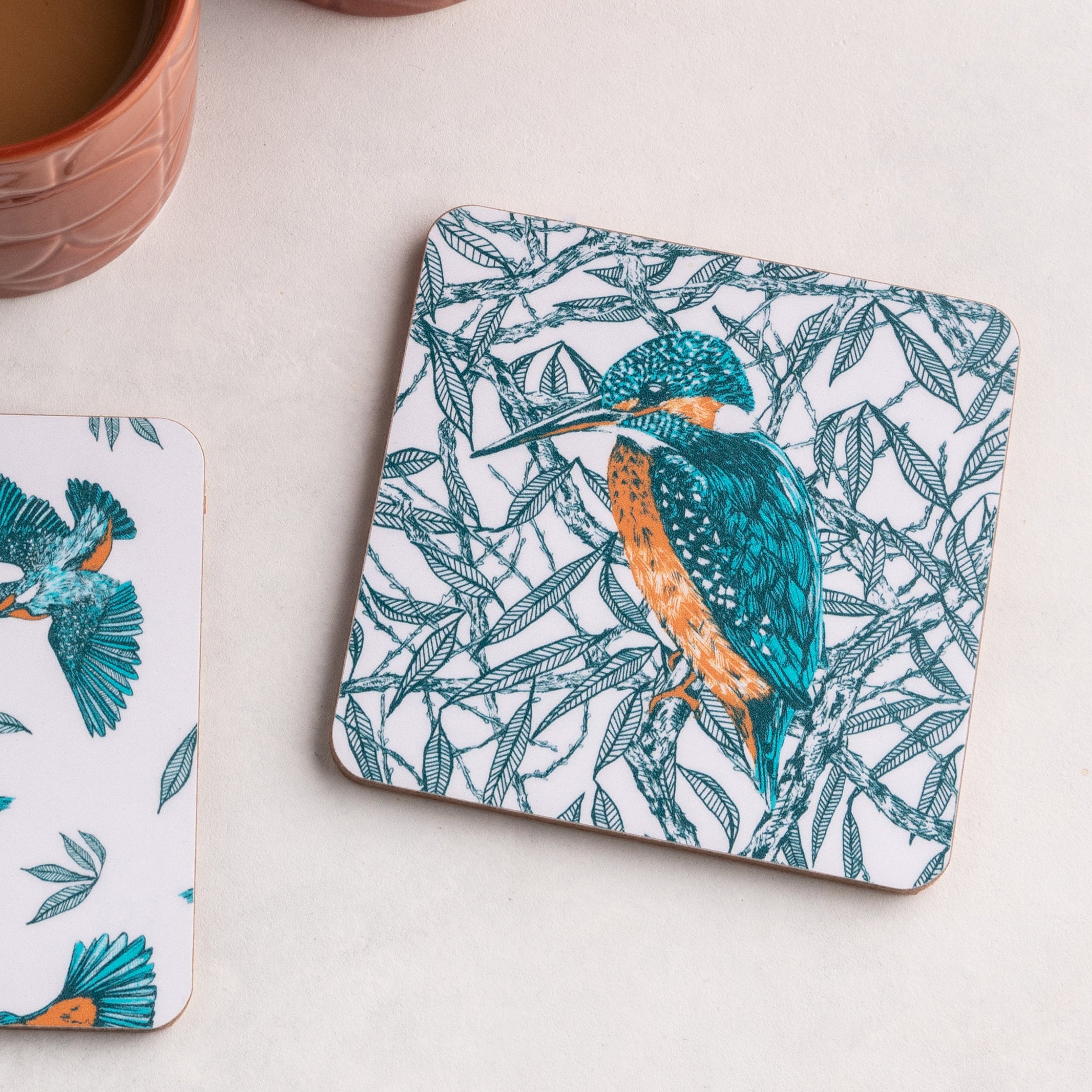 Kingfisher Coaster / Wooden Drinks Mat with Cork Base / Bird and Willow Trees Design