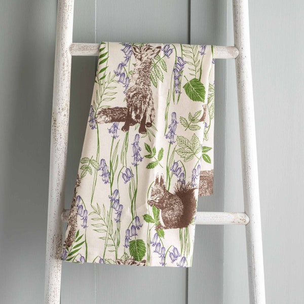 Woodland Creatures Tea Towel / Forest Animals Kitchen Linen / Unbleached Cotton Dishtowel