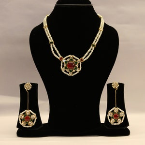 Designer red green polki necklace set for women, exclusive 925 sterling silver jewelry, Antique polki necklace with earring for wedding