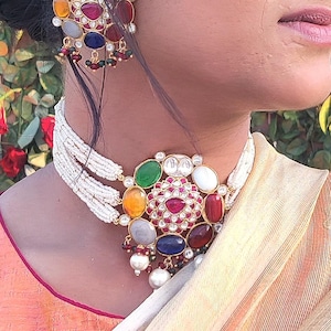 Polki Kundan Navratna Necklace Set, 925 Sterling Silver With 24K Gold Polish Choker Set, Round Choker Navratna Set with Pearls