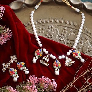 Navratna Kundan Pearl Necklace Set, 925 Sterling Silver Navratna Stone Necklace Set, Kundan Polki Handcrafted Navratna Set