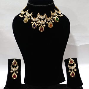 Chand Navratna Silver Necklace Set, 925 Sterling silver kundan polki necklace set, 24k gold polish silver navratna chand necklace set