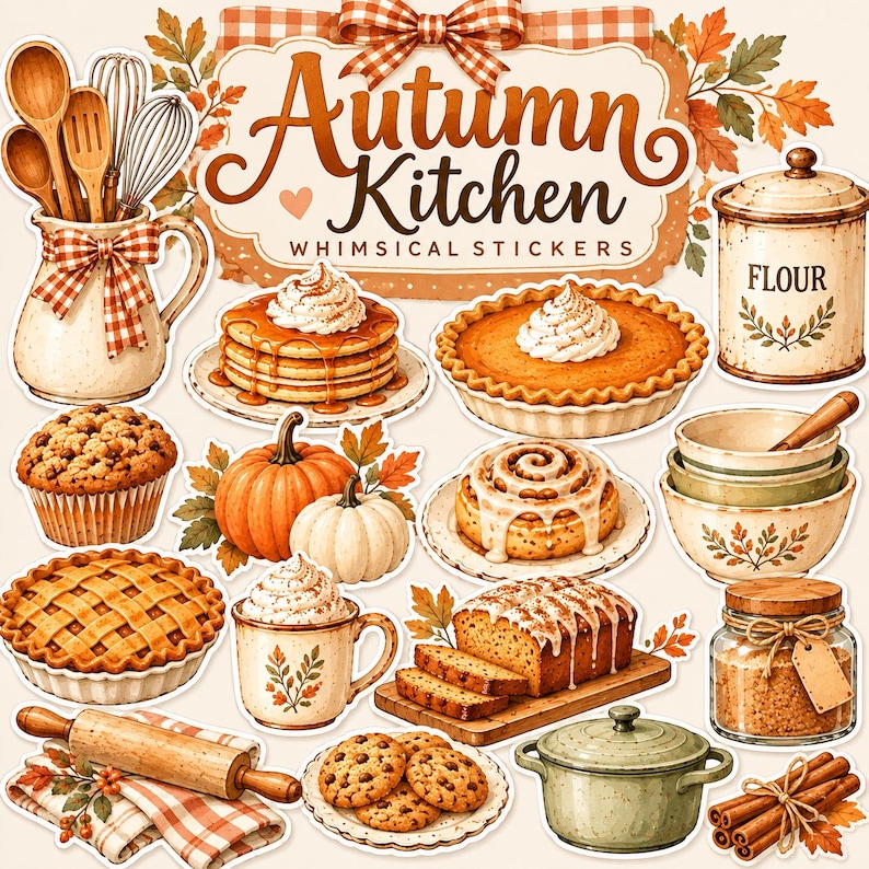 Whimsical Autumn Kitchen Stickers, Fall Baking Watercolor Printable ...