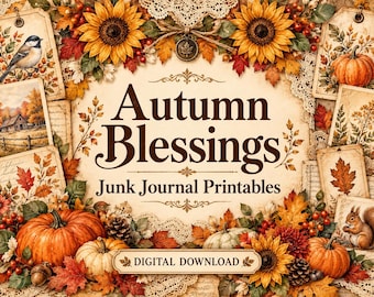 Peut inclure: Une impression numérique avec le texte Autumn Blessings Junk Journal Printables et Digital Download. Le design est encadré par des tournesols, des citrouilles, des feuilles d'automne, des baies, des pommes de pin, un oiseau, un écureuil et de la dentelle.