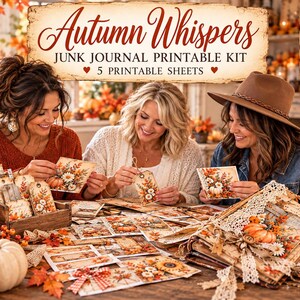 May include: A junk journal printable kit titled Autumn Whispers, featuring 5 sheets of paper with fall-themed graphics including pumpkins, sunflowers, and autumn leaves, alongside tags, pockets, journaling cards, and envelopes.