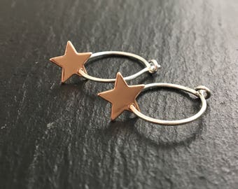 Sale! Rose gold plated star charm hoop earrings. Blush pink gold dangle hoops with pink gold plated charm. Hypoallergenic hoops. On trend
