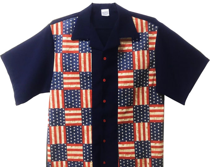 Men's Casual Bowling Style Shirt - Christmas Sale - Stars and Stripes American Flag Design