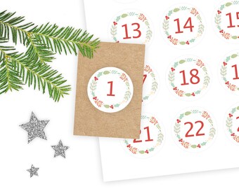 Eco Friendly Advent Calendar Stickers, Handmade Christmas Number Labels