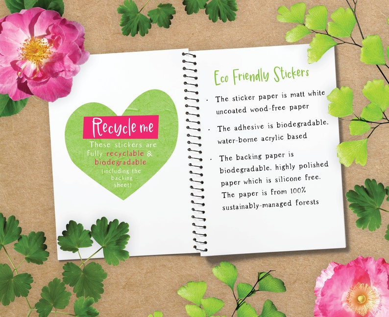 May include: A close-up of a notebook page with the text "Recycle me" written in pink on a green heart-shaped sticker. The text "These stickers are fully recyclable & biodegradable (including the backing sheet)" is written below the sticker. The page also includes the text "Eco Friendly Stickers" and a list of details about the paper and adhesive used in the stickers.
