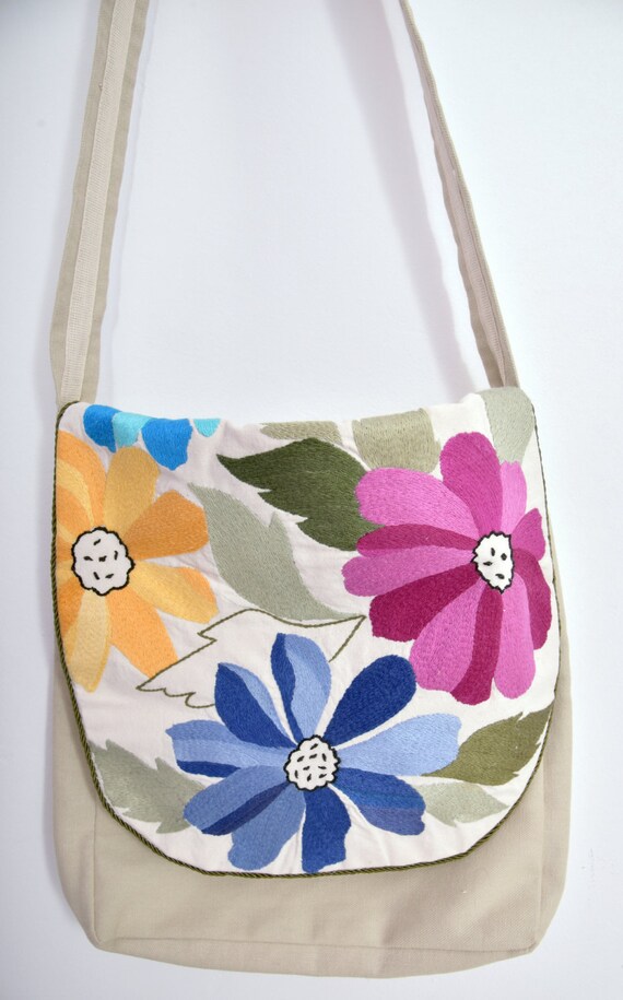 Items similar to Hand Embroidered Canvas Messenger Bag, Greek Floral Pattern on Etsy