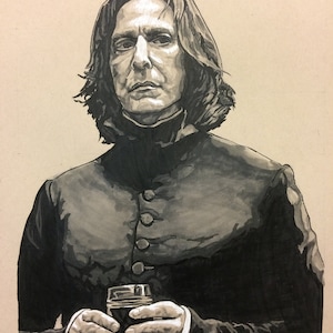May include: A black and white ink drawing of a man with long dark hair, wearing a dark collared shirt and holding a glass in his hands.