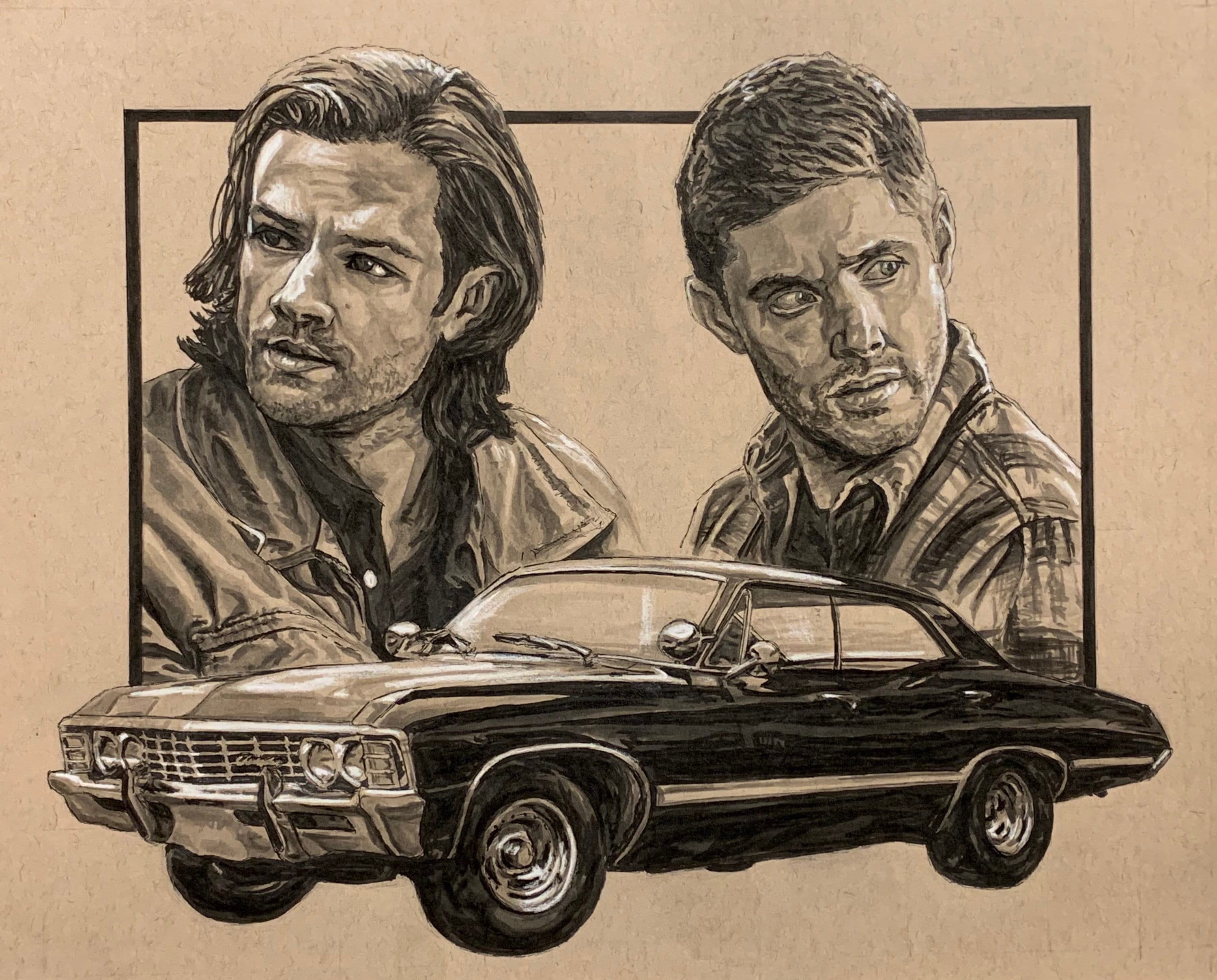 Supernatural Sam Dean Winchester Hunters Brothers 67 Impala Supernatural  T-Shirts Home Fine Art Print